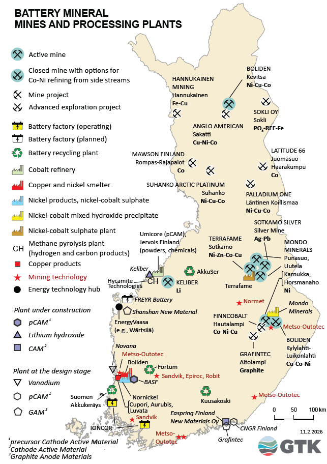 Map of Finland showing battery mineral mines, exploration projects, battery factories, recycling plants and processing facilities with a legend of symbols.