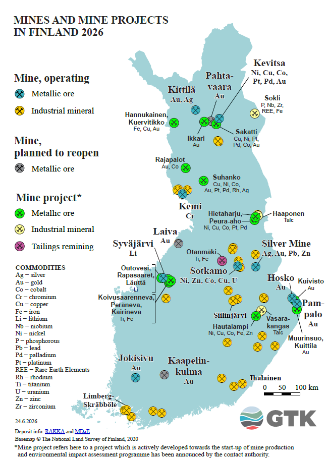 Map of Finland showing mines and mine projects in 2026, locations, names and minerals, legend for symbols.