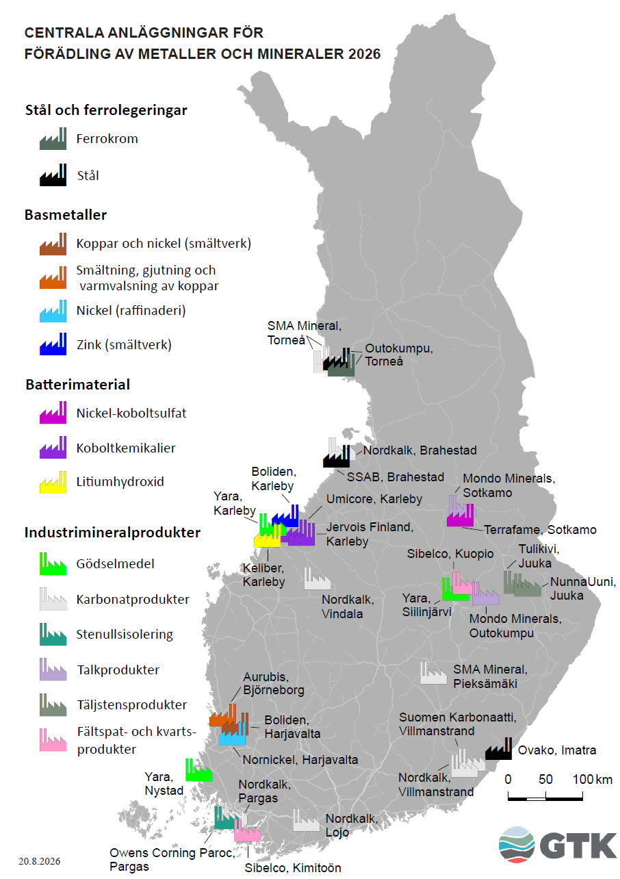 Karta över Finland som visar viktiga anläggningar för bearbetning av metaller och mineral år 2026. Kartan visar anläggningarnas lägen och produktgrupper som stål, basmetaller, batterimaterial och industrimineralprodukter.