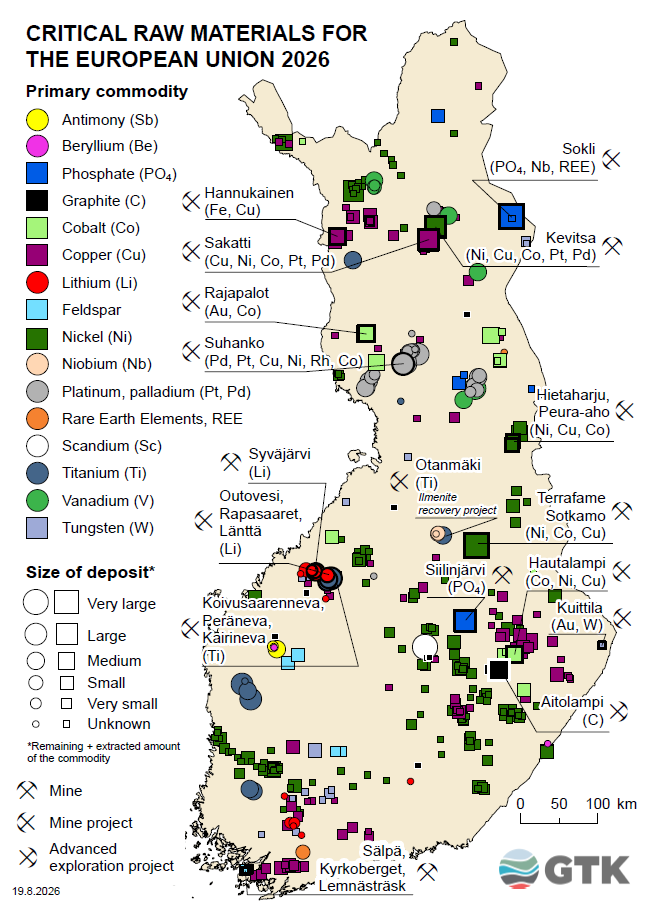 A map showing the occurrences of critical raw materials for the European Union in Finland. Key elements such as lithium, cobalt, nickel, and rare earth elements are marked with colors. The size of deposits is shown with circles of varying size, and symbols distinguish between mines, mining projects, and advanced exploration projects.