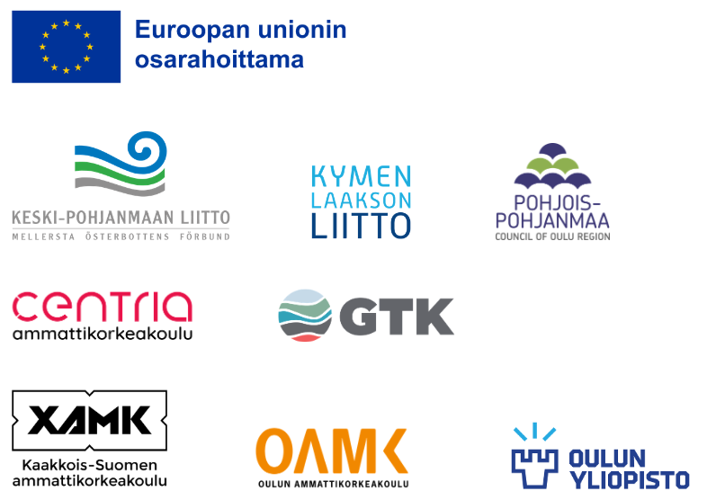 EU:n osarahoituksen tunnus ja hankkeen yhteistyökumppaneiden logot: Keski-Pohjanmaan liitto, Kymenlaakson liitto, Pohjois-Pohjanmaan liitto, Centria ammattikorkeakoulu, GTK, Xamk, Oamk ja Oulun yliopisto.