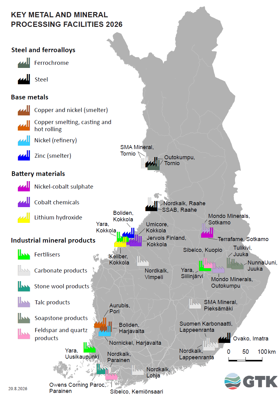 Map of Finland showing key metal and mineral processing plants in 2026. The map shows plant locations and product groups such as steel, base metals, battery materials, and industrial mineral products.