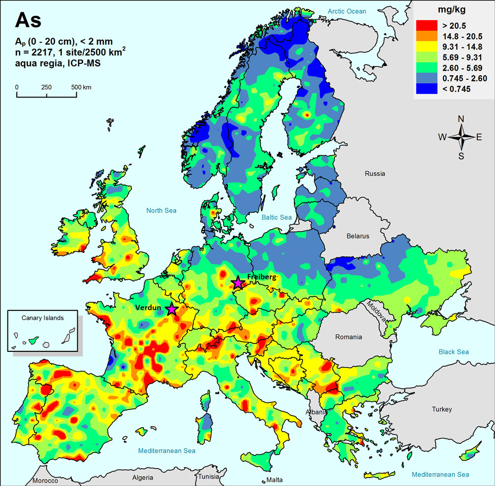 Verdun and Freiberg, marked on the map with stars, are the study sites of the AgriAs project. Agricultural topsoil contains more arsenic in Middle and Southern Europe in average than in northern Europe as studied by scientists Timo Tarvainen and others from GTK together with other European research organizations. Colour scale: Spatial distribution of arsenic in European agricultural topsoil (0 – 20 cm), Aqua regia extraction on the