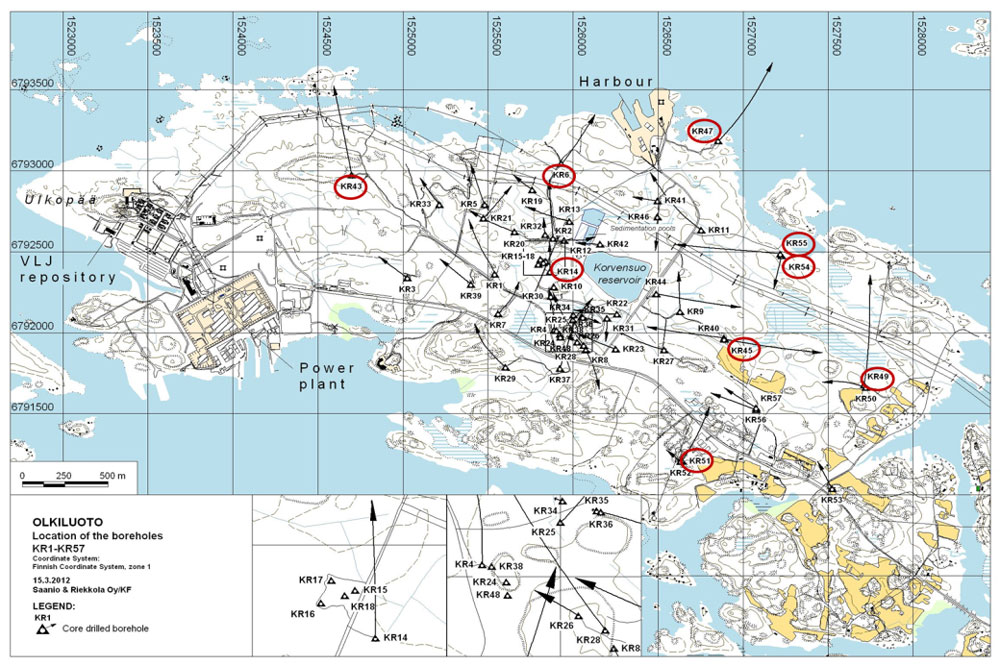 Figure 6. The locations of the measurement drillholes (marked by red circles) at Olkiluoto (Image by Posiva Oy).