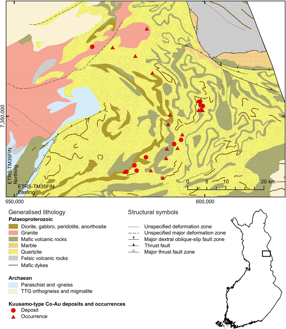 Figure 1. Generalised geology of the central part of the Kuusamo schist belt, with the known Au–Co deposits and occurrences. The geological map is based on the GTK in-house digital bedrock database (Bedrock of Finland − DigiKP).