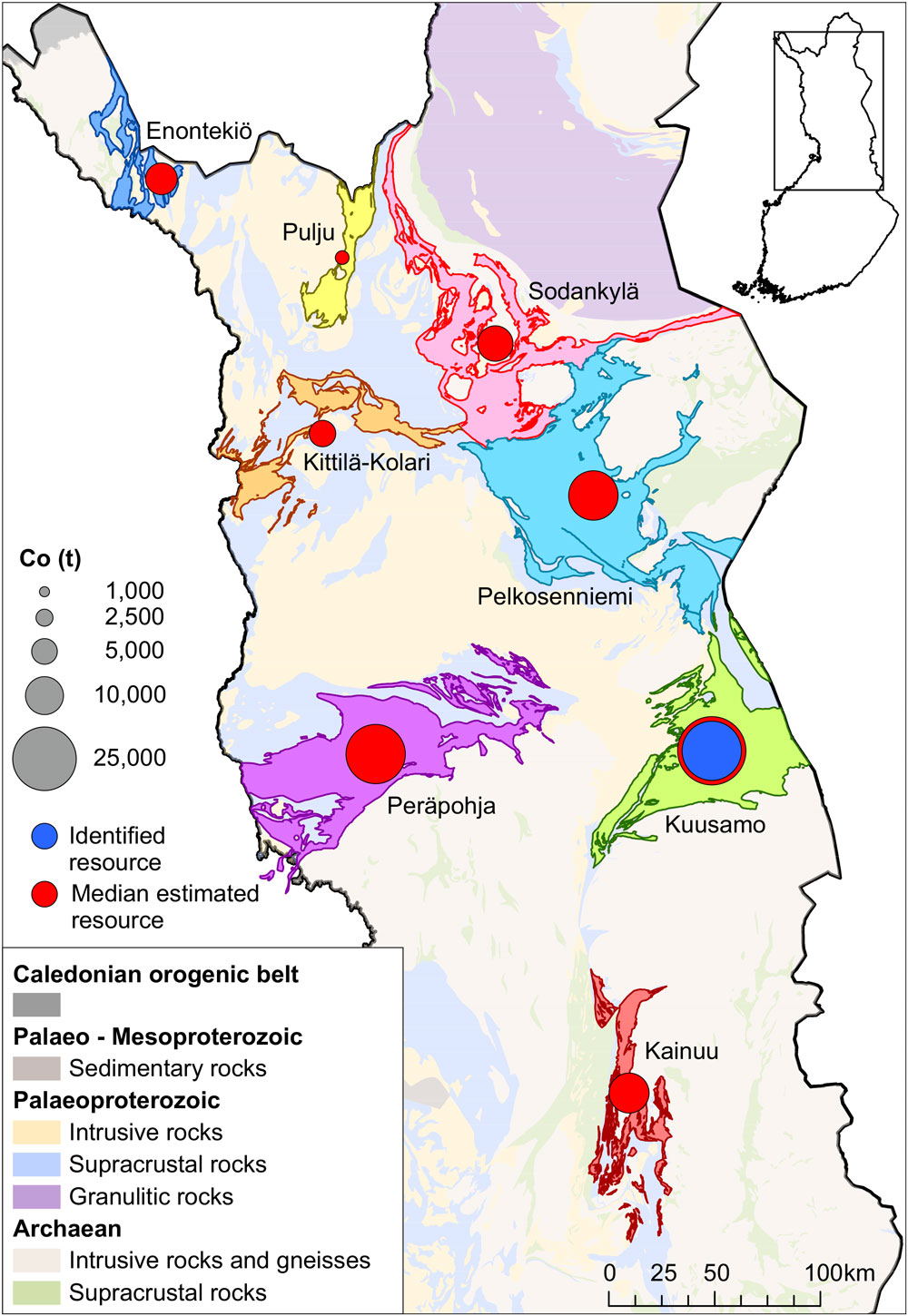 Figure 3. Estimated undiscovered Kuusamo-type Co–Au resources in Finland plotted on each permissive tract. The geological map is based on the GTK in-house digital bedrock database (Bedrock of Finland − DigiKP).