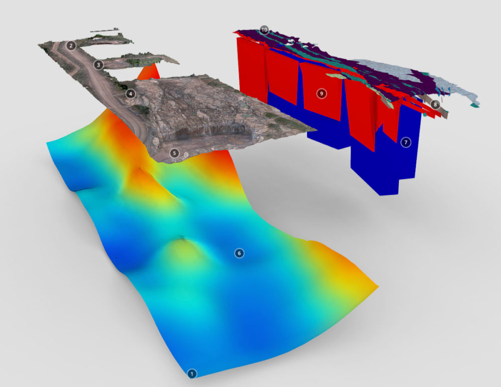 Figure 3. 3D visualization of an integrated geological and geophysical model of a carbonatite-hosting outcrop in Siilinjärvi, Finland. The left model (1–6) shows a digital elevation model as an RGB mesh and the interpolated colour surface of the total magnetic field below it. The right model (7–10) shows integrated data layers of image classification, structural planes and modelled tabular subsurface bodies from the same area as the left model. (Image: Robert Jackisch, HZDR. A more detailed description is available at https://skfb.ly/6U6Xo).