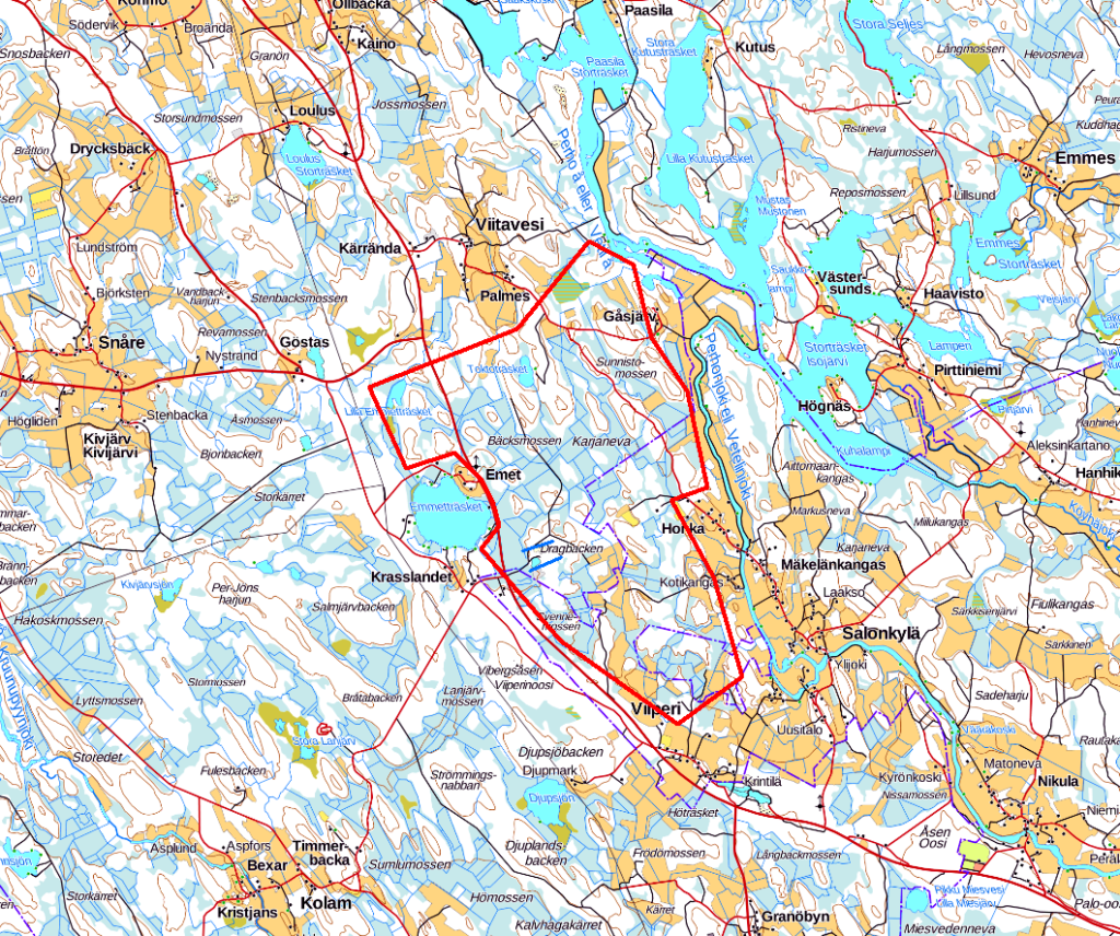 GTK har planerat att utföra maskinell provtagning med diamantborr i Kronoby och Kaustby på ett område som markerats på kartan.