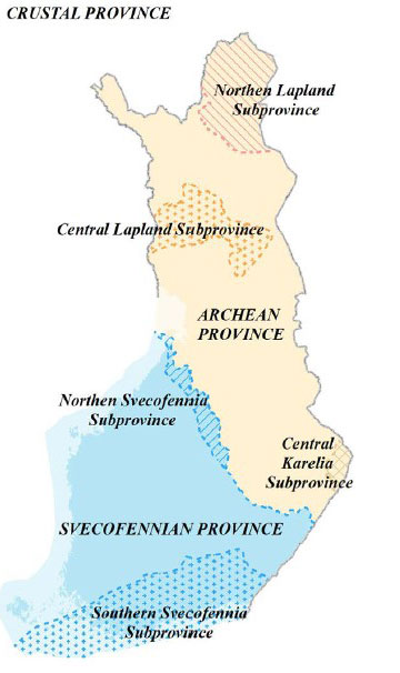 Fig. 4. Crustal provinces in Finland; for descriptions, see Table 4 and Chapter 4.