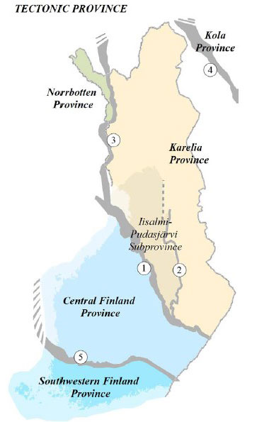 Fig. 6. Tectonic provinces in Finland. The numbers refer to the province boundaries: (1) the Raahe–Ladoga Suture (R–LS); (2) the Jormua–Outokumpu Suture (J–OS) separating the Iisalmi–Pudasjärvi Subprovince from the Karelia Province; (3) the Kautokeino–Muonio– Tornio Suture (K–M–TS); (4) the Pechenga–Imandra– Varzuga Suture (P–I–VS); (5) the Bothnia–Pirkanmaa Suture (B–PS).