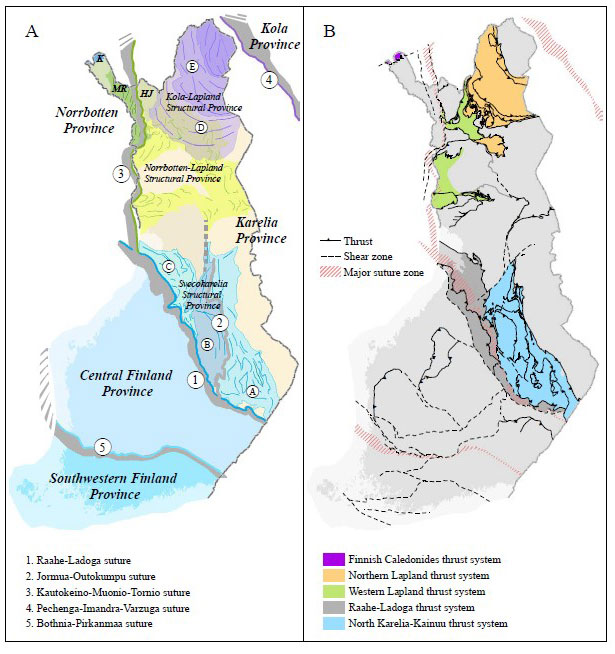 Fig. 3A. Tectonic provinces, suture zones and structural provinces in Finland (modified from Kohonen et al. 2021). A = North Karelia–Kainuu structural subprovince; B = Kuopio–Iisalmi–Oulujärvi structural subprovince; C = North Ostrobothnia structural subprovince; D = Sodankylä structural subprovince; E = Inari structural subprovince; HJ = Hetta–Jergul structural province; MR = Muonio–Ropi structural province; K = Kilpisjärvi structural province. Note the overlap of the structural provinces in Lapland. Fig. 3B. A simplified map of the thrust systems, major thrusts and prominent shear zones. Tectonic province boundaries (major suture zones) are also shown for comparison with 3A.