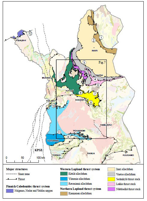 Fig. 6. The overall configuration of the major thrusts, thrust-bounded units and shear zones in northern Finland. 1) Utsjoki thrust, 2) Kaamanen thrust, 3) Angeli–Tankavaara decollement, 4) Vuotso decollement, 5) Kurittukoski thrust, 6) Nuttio–Seurukarkea decollement, 7) Postoaapa thrust, 8) Ellitsa thrust, 9) Korkiavaara thrust, 10) Venejärvi thrust, 11) Martimo decollement, 12) Nalganas sole thrust (decollement). KPSZ = Kolari–Pajala shear zone; the extent of Figure 7 is indicated as a box. Note the parautochthonous cover on the Archean basement. The geological background map is simplified from Nironen et al. (2016).