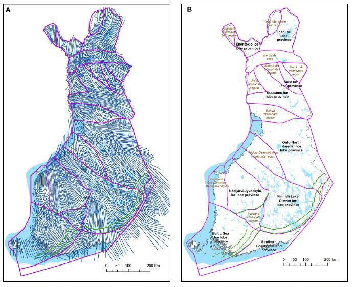 Fig. 5. (A) The general ice-flow directions of various ages (blue lines; interpreted by Salonen 1986) and major ice-marginal positions (green lines) of the last deglaciation; province and region boundaries are shown as purple lines. (B) Glacial dynamic provinces and regions in Finland (modified from Putkinen et al. 2017); the Salpausselkäs and other major ice-marginal systems are shown as dark grey lines. Basemap © National Land Survey of Finland.