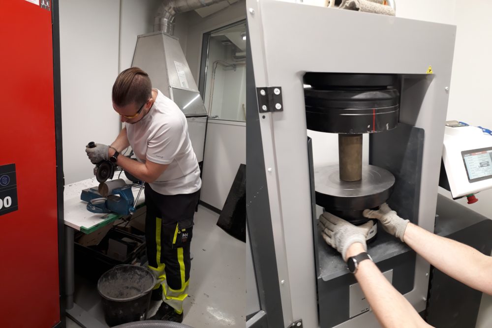 Simo Hyvönen unwrapping the moulds and performing compressive strength tests at Savonia. (Photos: Soili Solismaa/GTK)