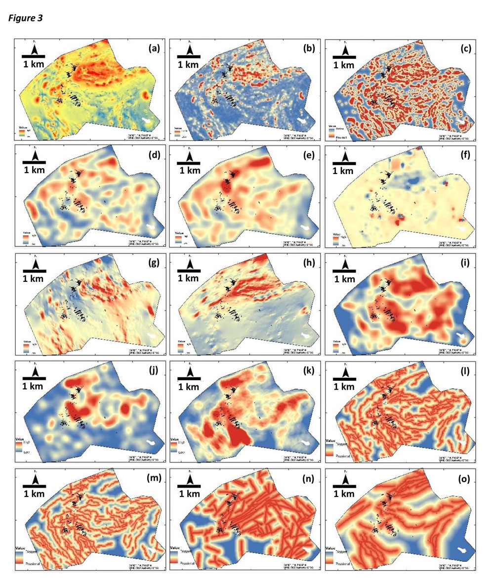 Evidence layers: (a) total magnetic intensity, (b) residual magnetism, (c) distance from geological contacts, (d) density of lithological contacts weighted by the competence contrasts and by (e) the reactivity contrast, (f) ratio of inphase to quadrature components of airborne electromagnetic data, (g) NW–SE-trending magnetic anomalies, (h) NE–SW-trending magnetic anomalies, (i) density of the magnetic tilt derivative contours, (j) density of the intersection zones of structures, (k) densities of structures weighted by their sinuosity. Proximity to structures: (l) antiforms, (m) synforms, (n) late faults and (o) shear zones. The colour scheme represents rescaled values from low (0) to high (1), ranging from blue to red for layers (a) – (k), and proximal to distant, ranging from red to blue for distance values in layers (l) – (o). (reproduced from Chudasama et al. 2021).
