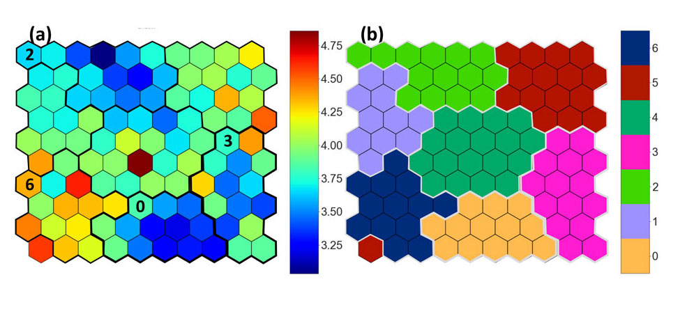 SOM results: a) a SOM U-matrix with cluster boundaries and b) k-means clusters identified in the SOM. (reproduced from Chudasama et al. 2021).