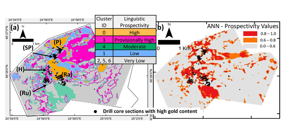Prospectivity maps from a) k-means clustering of SOM nodes and b) ANN trained on SOM nodes. The currently known prospects are labelled as P – Palokas, SP – South Palokas, H – Hut, Ru – Rumajärvi and Ra – Raja. (reproduced from Chudasama et al. 2021).