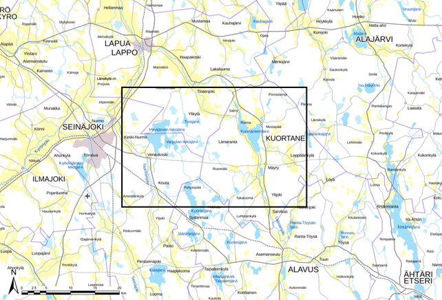 Karttakuva tutkimusalueesta, joka ulottuu osittain Seinäjoen, Lapuan ja Kuortaneen alueelle. 