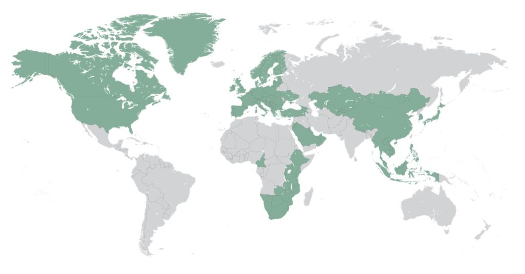 Karttakuva, johon on merkitty maat, joissa GTK:lla on ollut, on parhaillaan tai voisi olla projektitoimintaa.