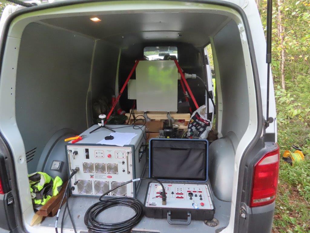 Controlled source electromagnetic (CSEM) transmitter in action in a van.