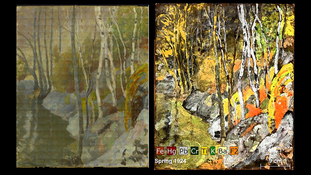 A photo of Pekka Halonen's painting Spring and another photo of the scan revealing different minerals and elements used