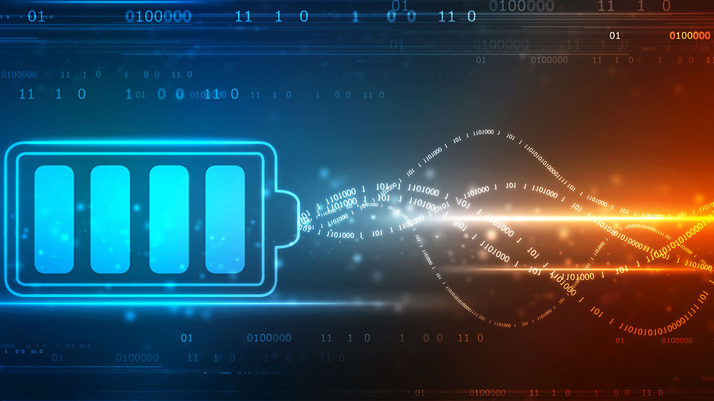 Piirretty kuva, jossa akusta virtaa dataketjuja