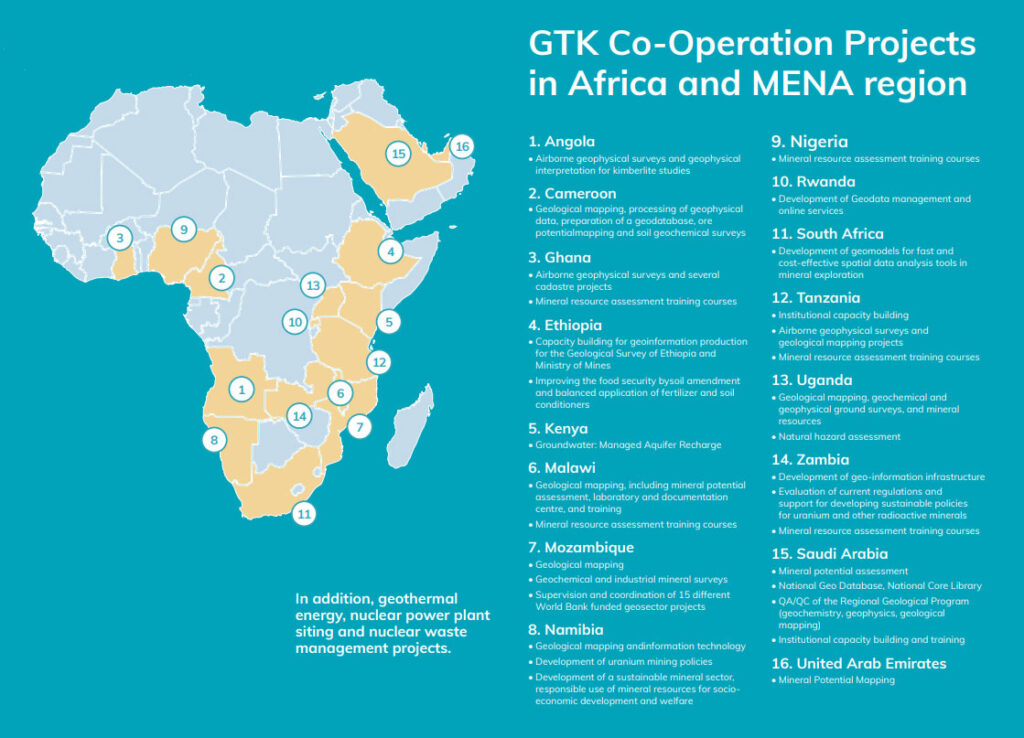 Kartta, jossa on merkitty GTK:n projektimaat Afrikassa ja läntisen Lähi-Idän alueella.