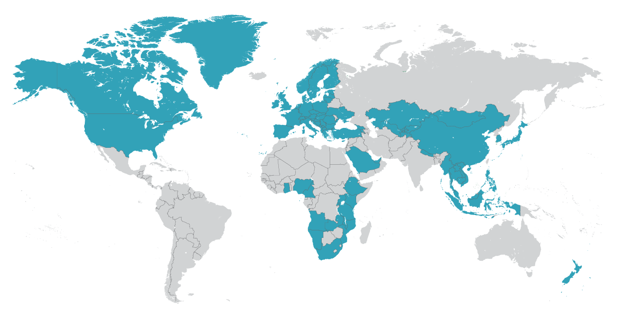 Maailman karttaan on merkitty maat, joissa GTK:lla on kansainvälistä projektitoimintaa