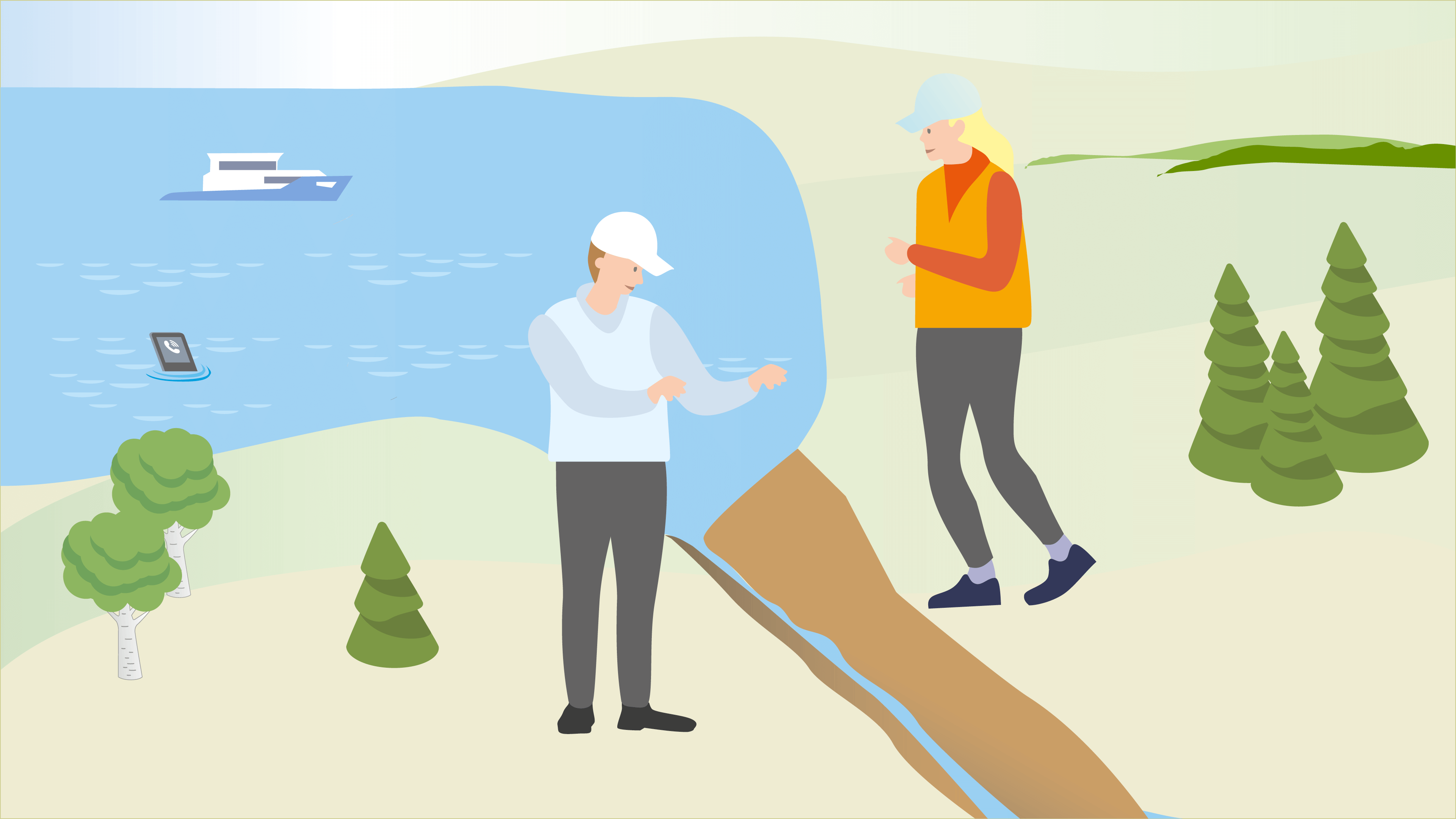 Drawing of two people crossing a creek