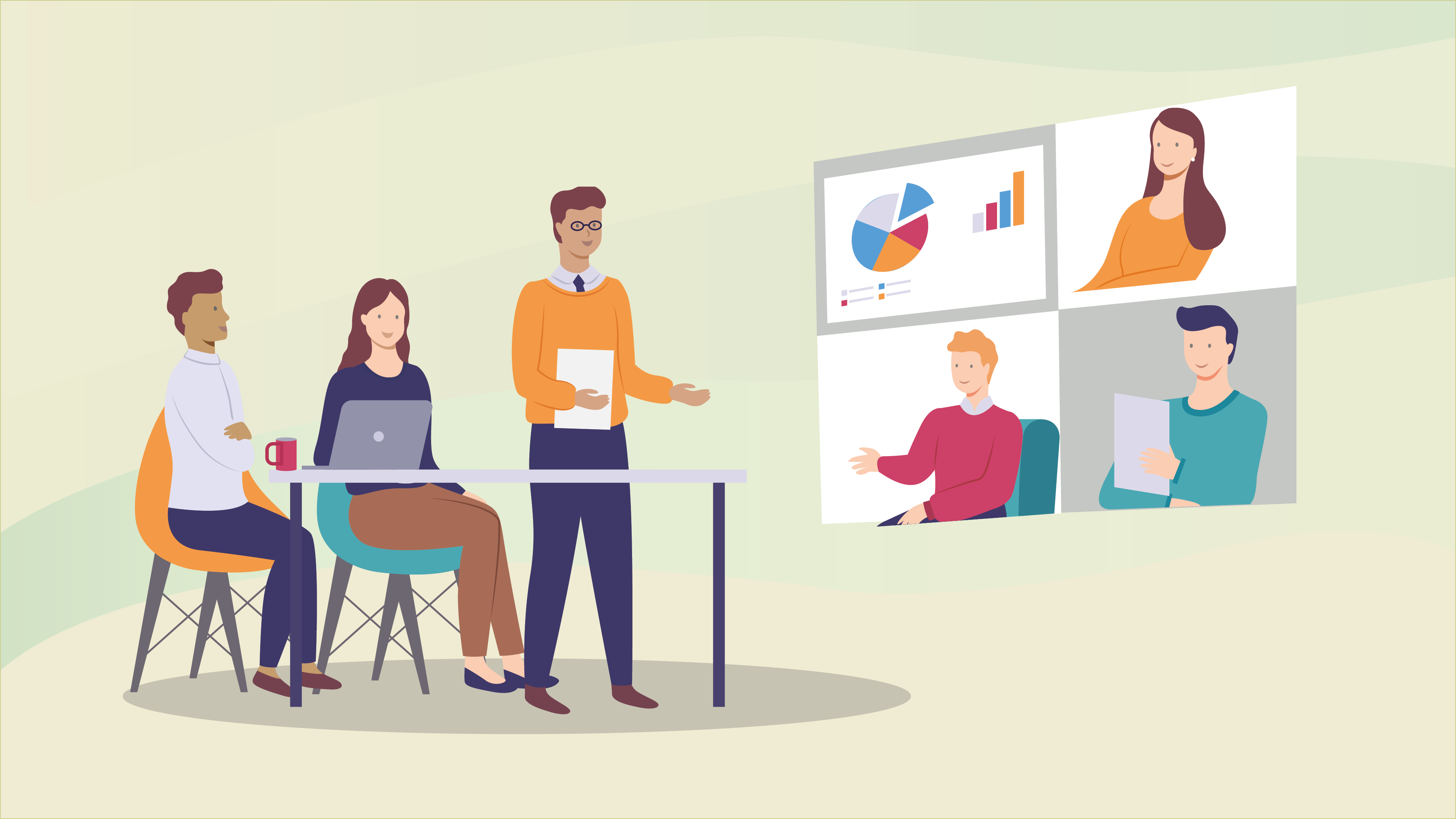 Drawing of people in a hybrid meeting 