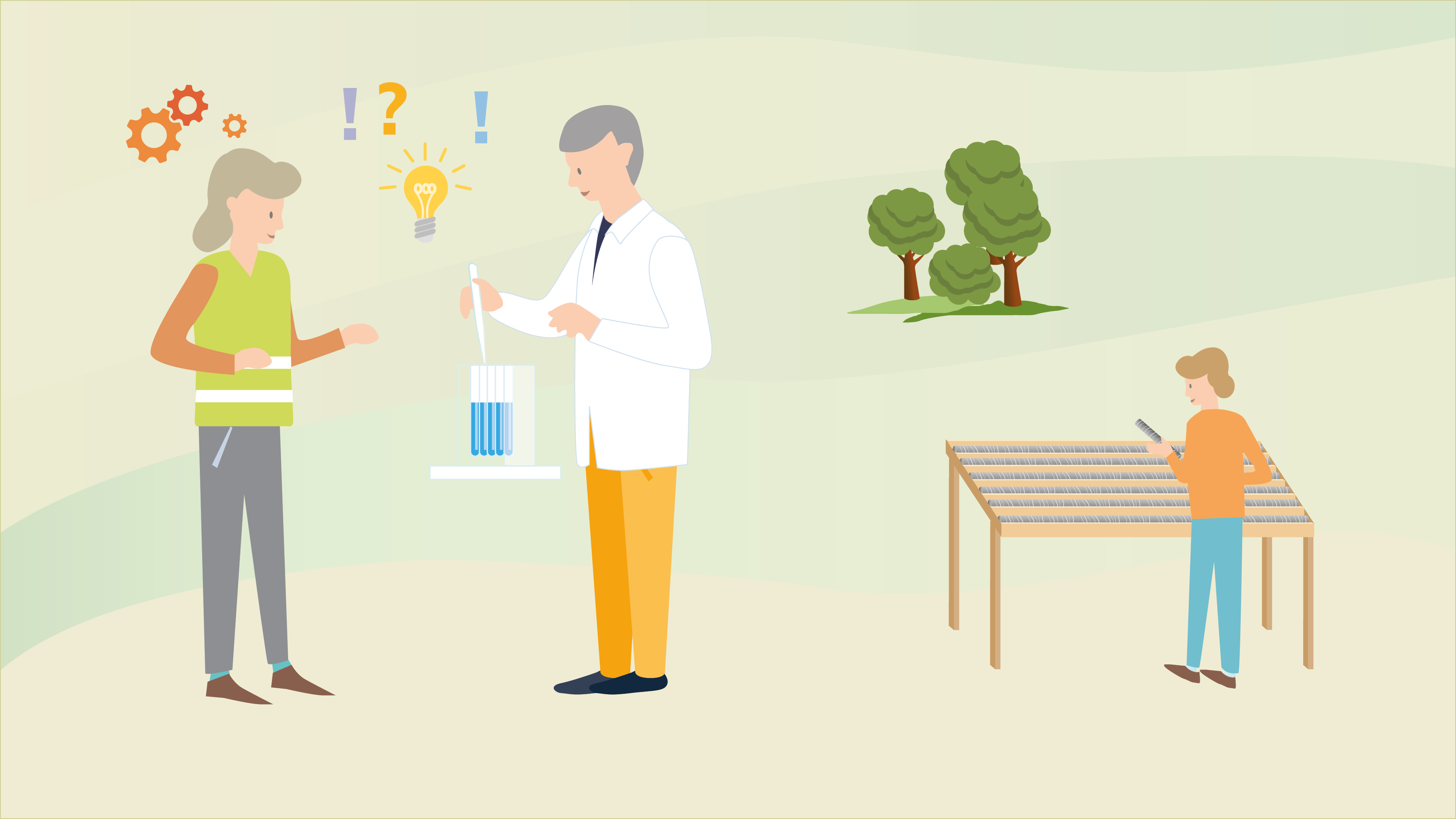 Drawing of two persons in a lab studying a sample. Next to them is a person looking at a core drill sample board.