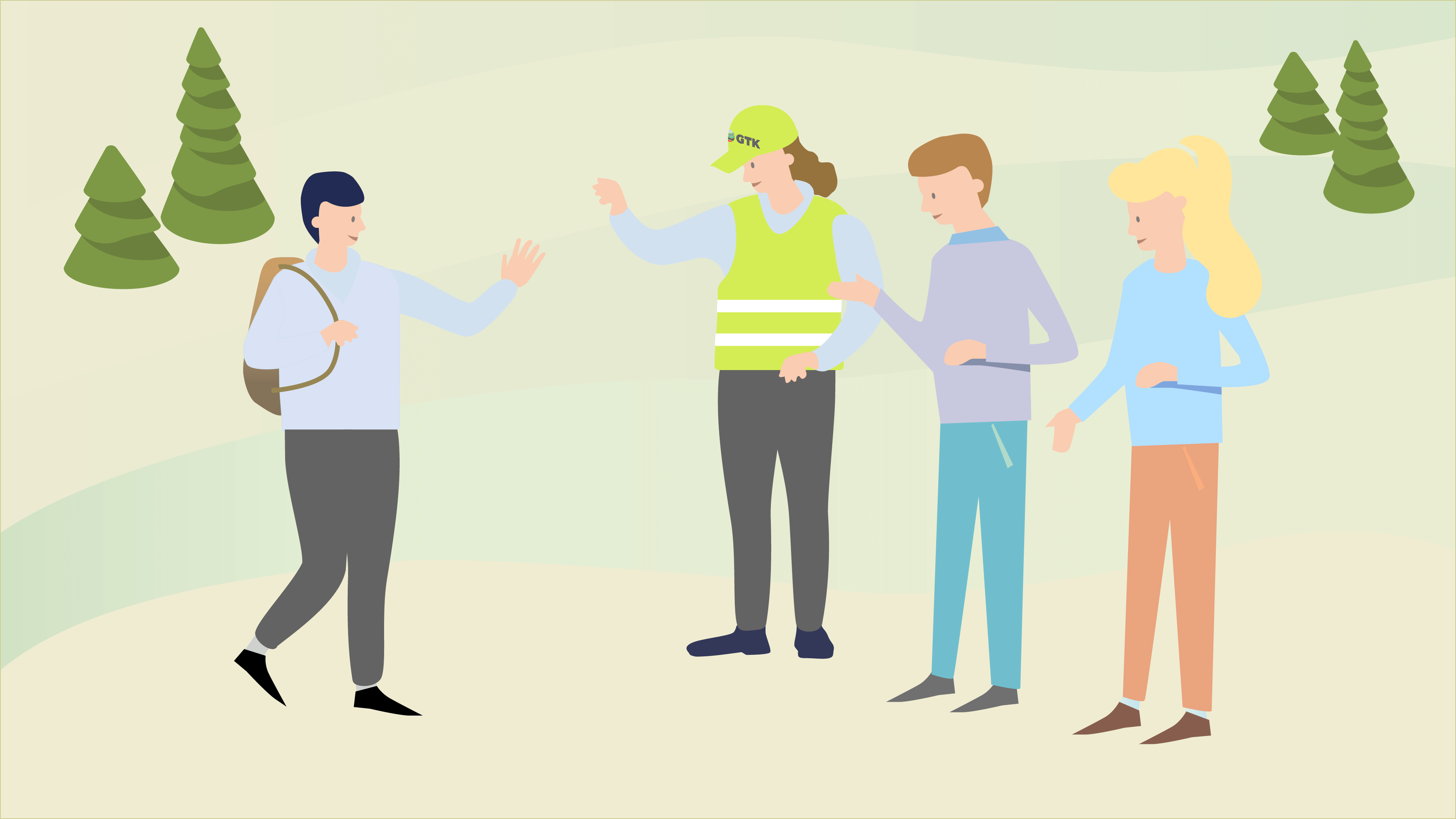 Drawing of a person arriving to other people greeting them