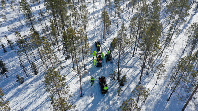 Aerial view from above. View to a forest in winter. People doing research in working clothes in the forest. Also motor vehicles.