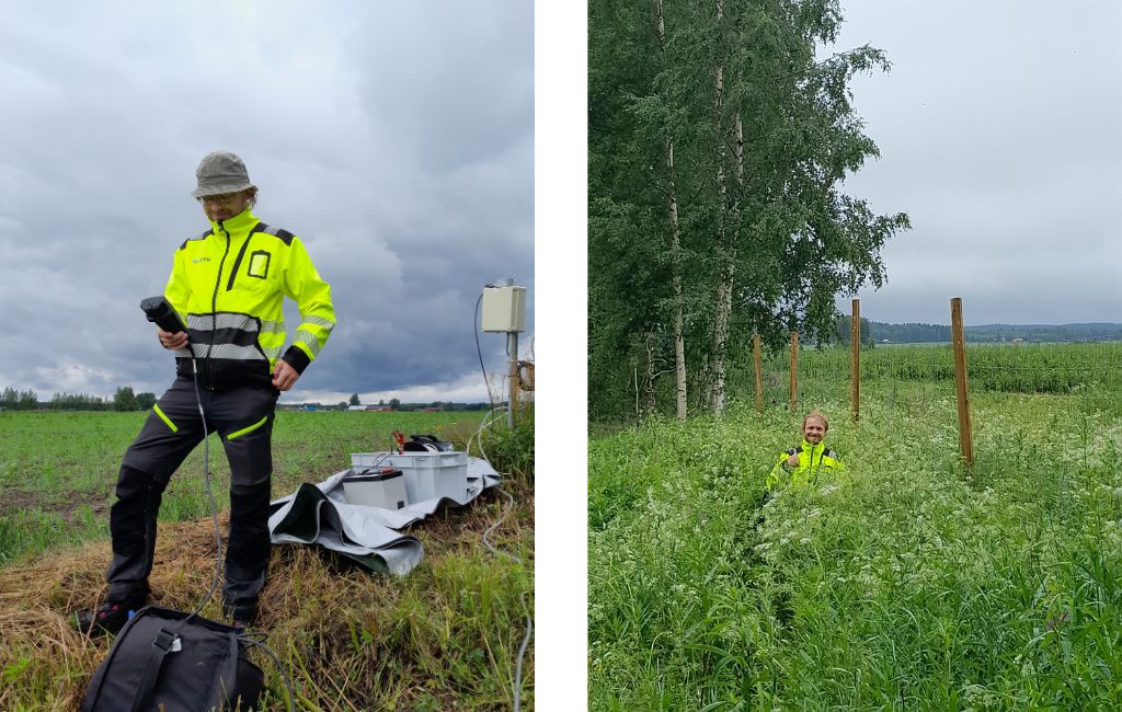 Oikealla henkilö huomiovaatteissa pohjavesimittauksissa. Vasemmalla henkilö huomiovaatteissa hymyilemässä keskellä heinikkoa.