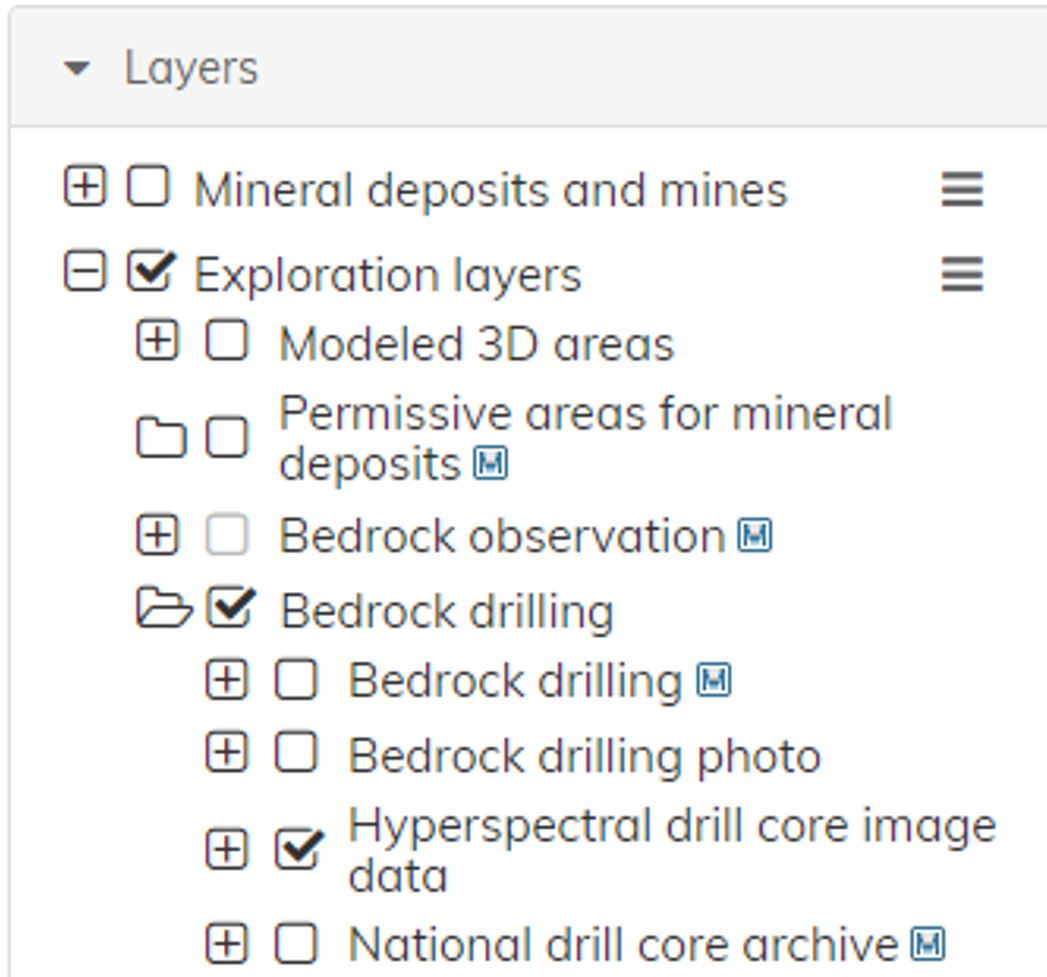 The photo shows the layers that should be selected when checking the hyperspectral drill core image data in MDaE service. 1. Exploration layers 2. Bedrock drilling 3. Hyperspectral drill core image data.