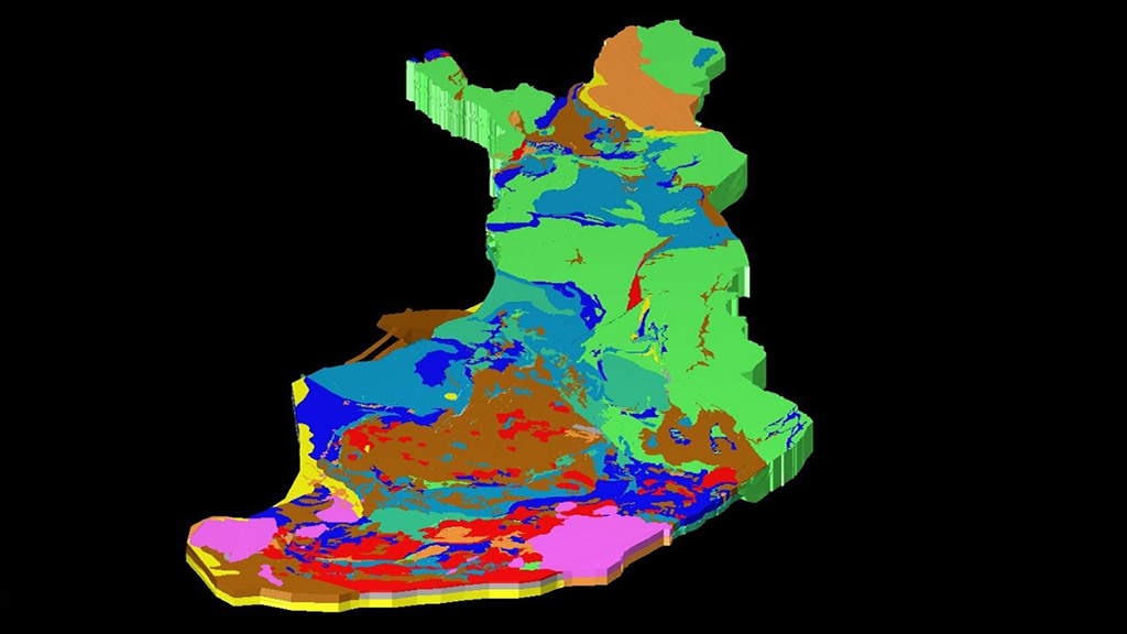 Suomen kartan muotoinen kuva, jossa geologiset ominaisuudet kuvattu eri väreillä.