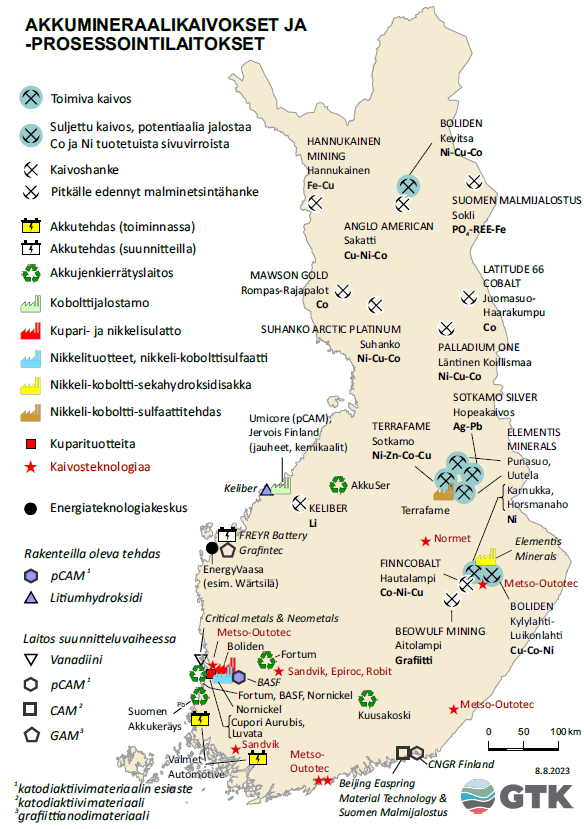 Suomen kartta, johon on merkattu akkumineraalikaivokset ja -prosessointilaitokset