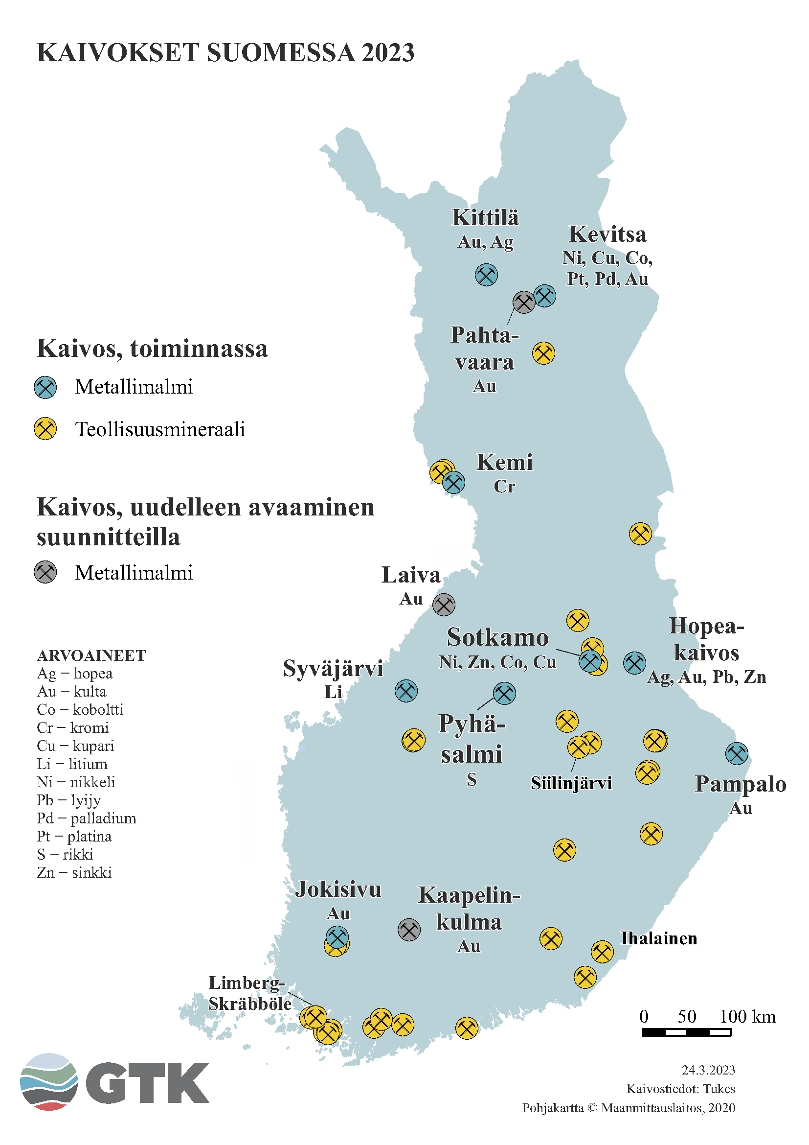 Suomen kartta, johon on merkattu kaivokset Suomessa vuonna 2023