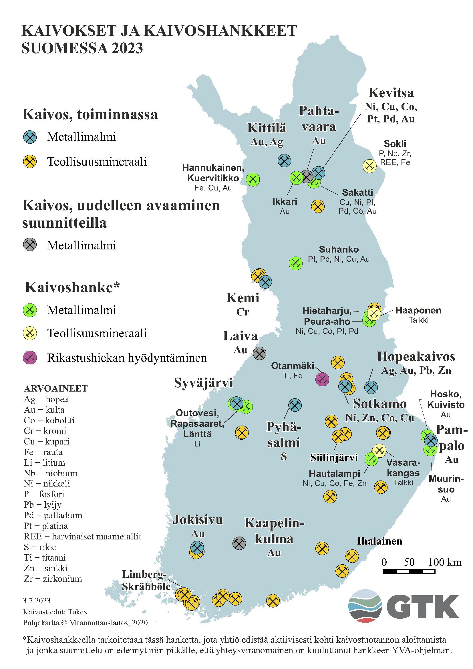 Suomen kartta, johon on merkattu kaivokset ja kaivoshankkeet Suomessa vuonna 2023