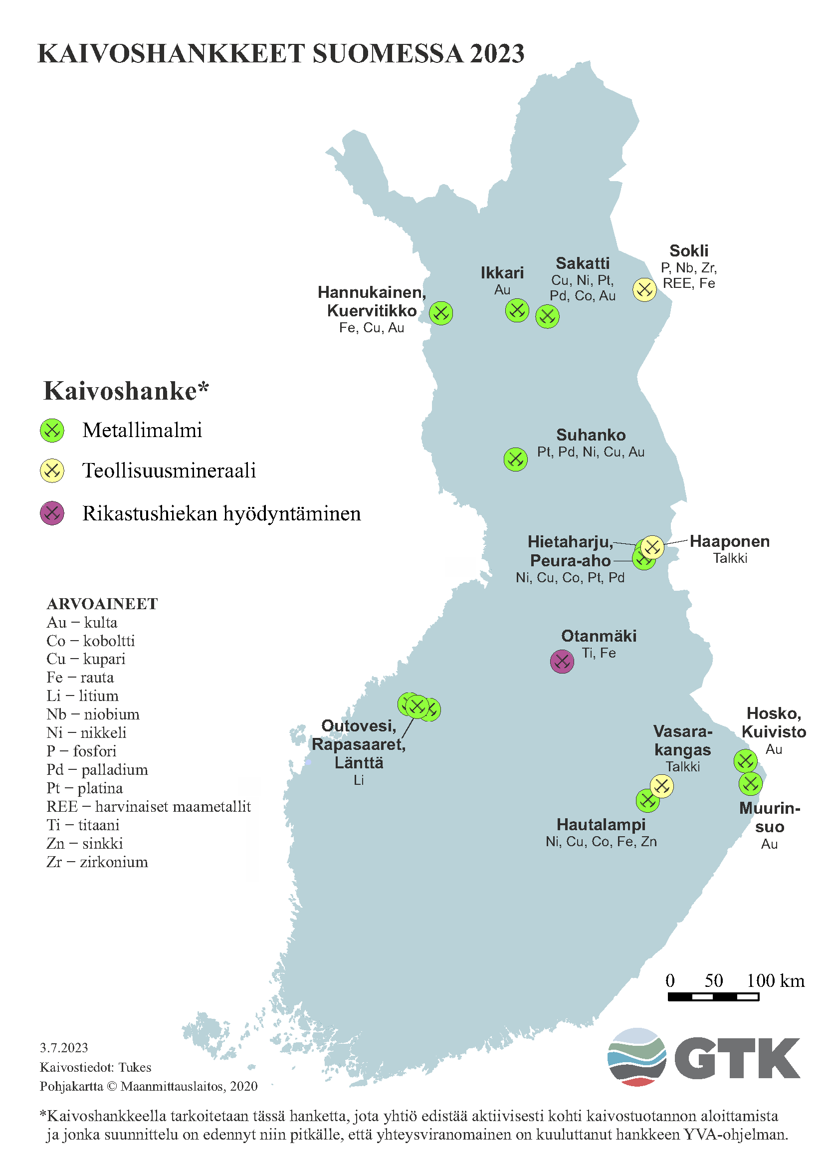 Suomen kartta, johon on merkattu kaivoshankkeet Suomessa vuonna 2023