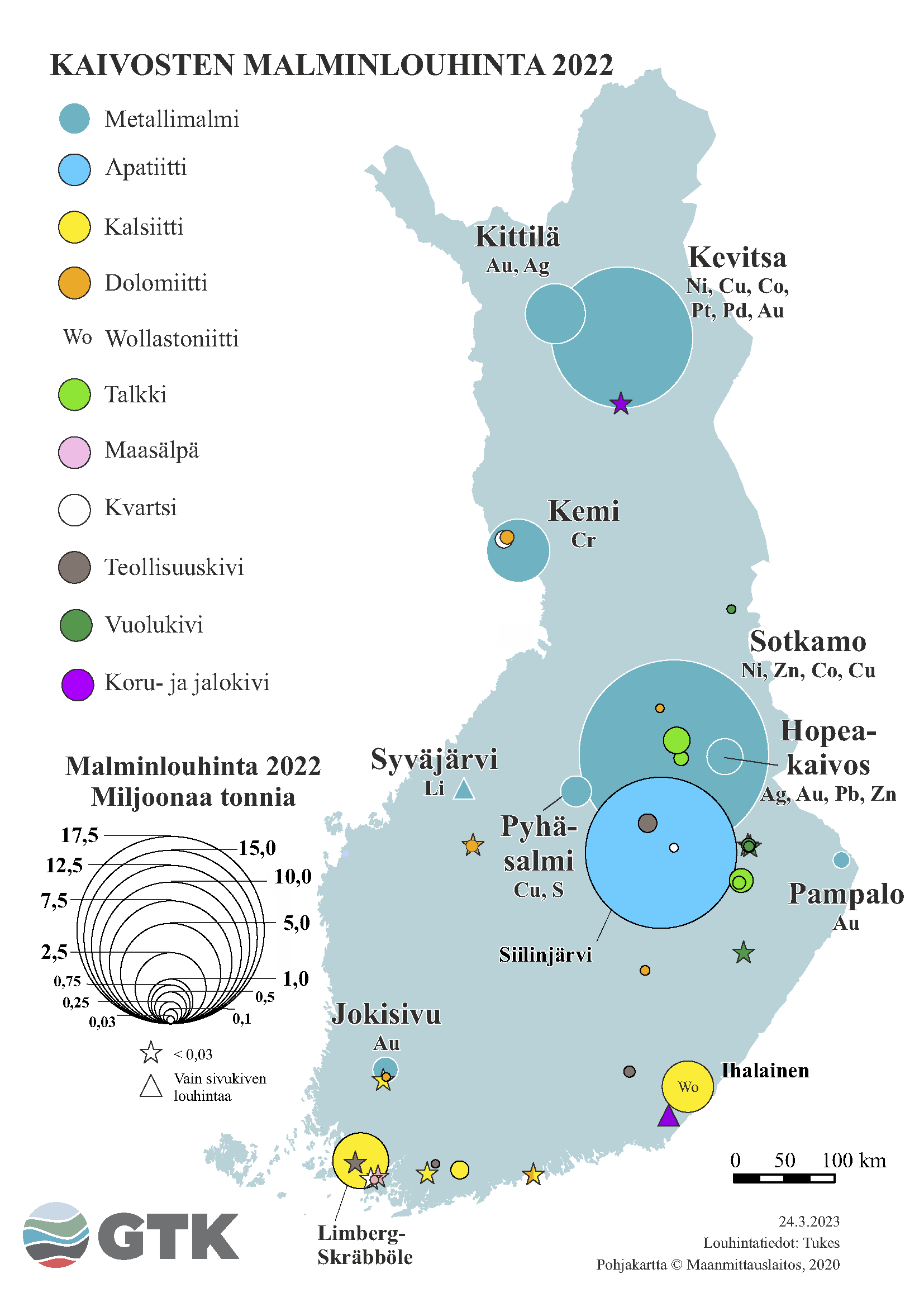 Suomen kartta, johon on merkattu kaivosten malminlouhinta vuonna 2022