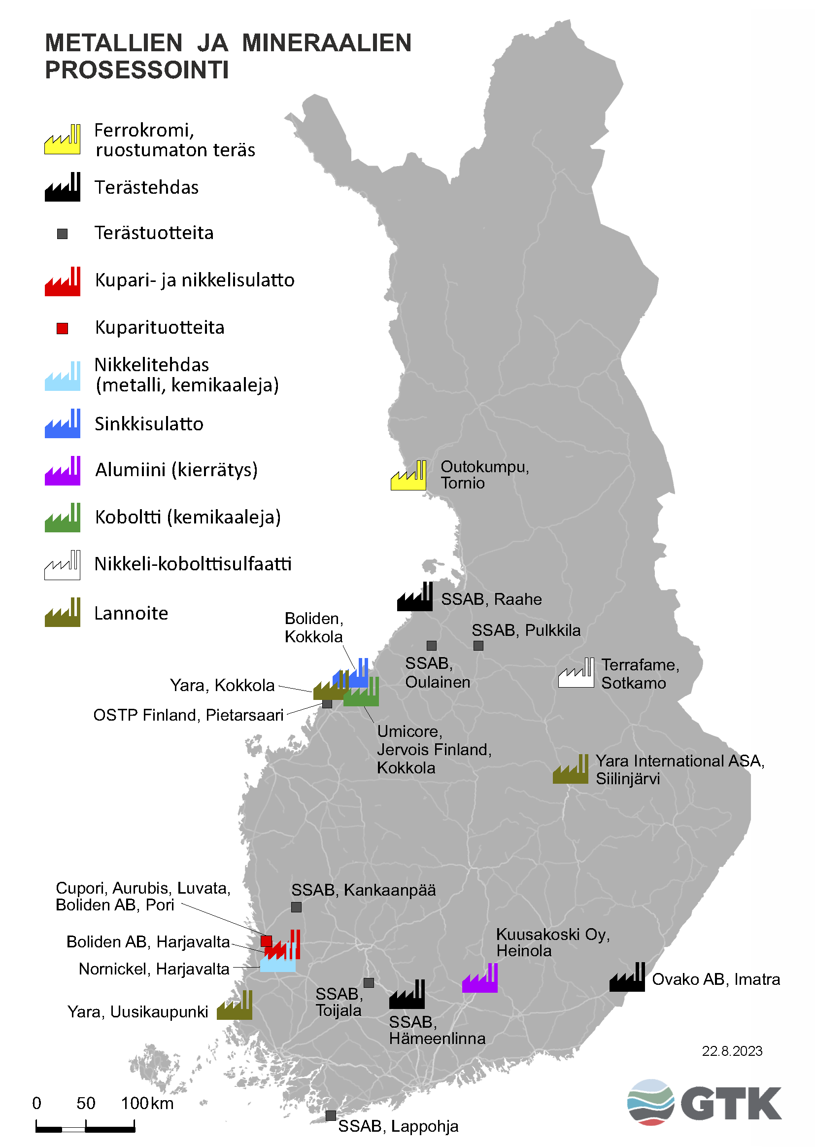 Suomen kartta, johon on merkattu metallien ja mineraalien prosessointi