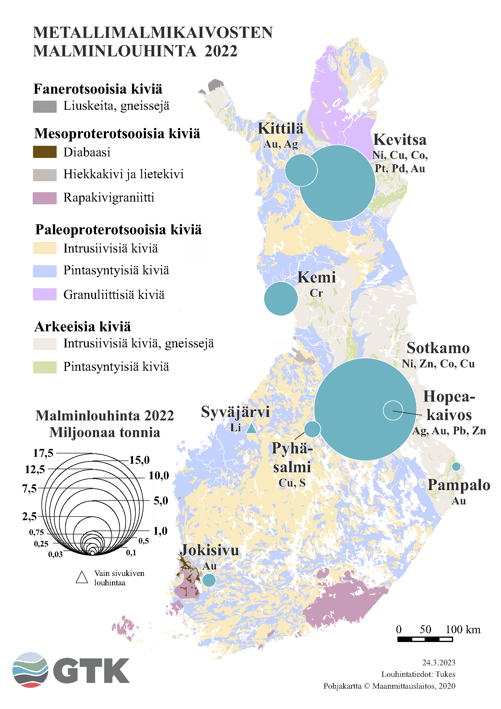 Suomen kartta, johon on merkattu metallimalmikaivosten malminlouhinta vuonna 2022