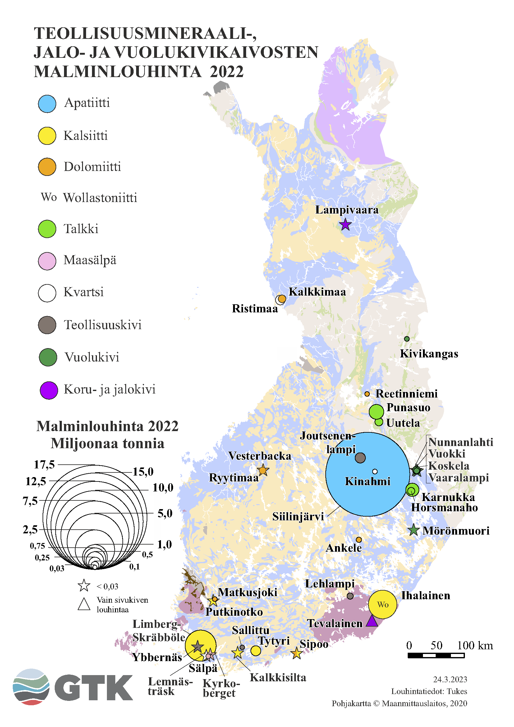 Suomen kartta, johon on merkattu teollisuusmineraali-, jalo- ja vuolukivikaivosten malminlouhinta vuonna 2022