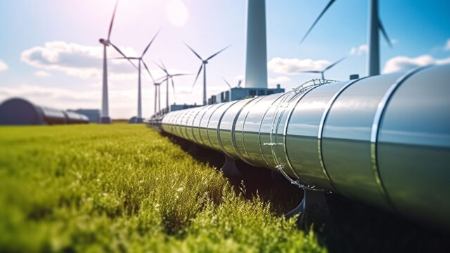 A hydrogen pipeline with wind turbines in the background. Green hydrogen production concept.