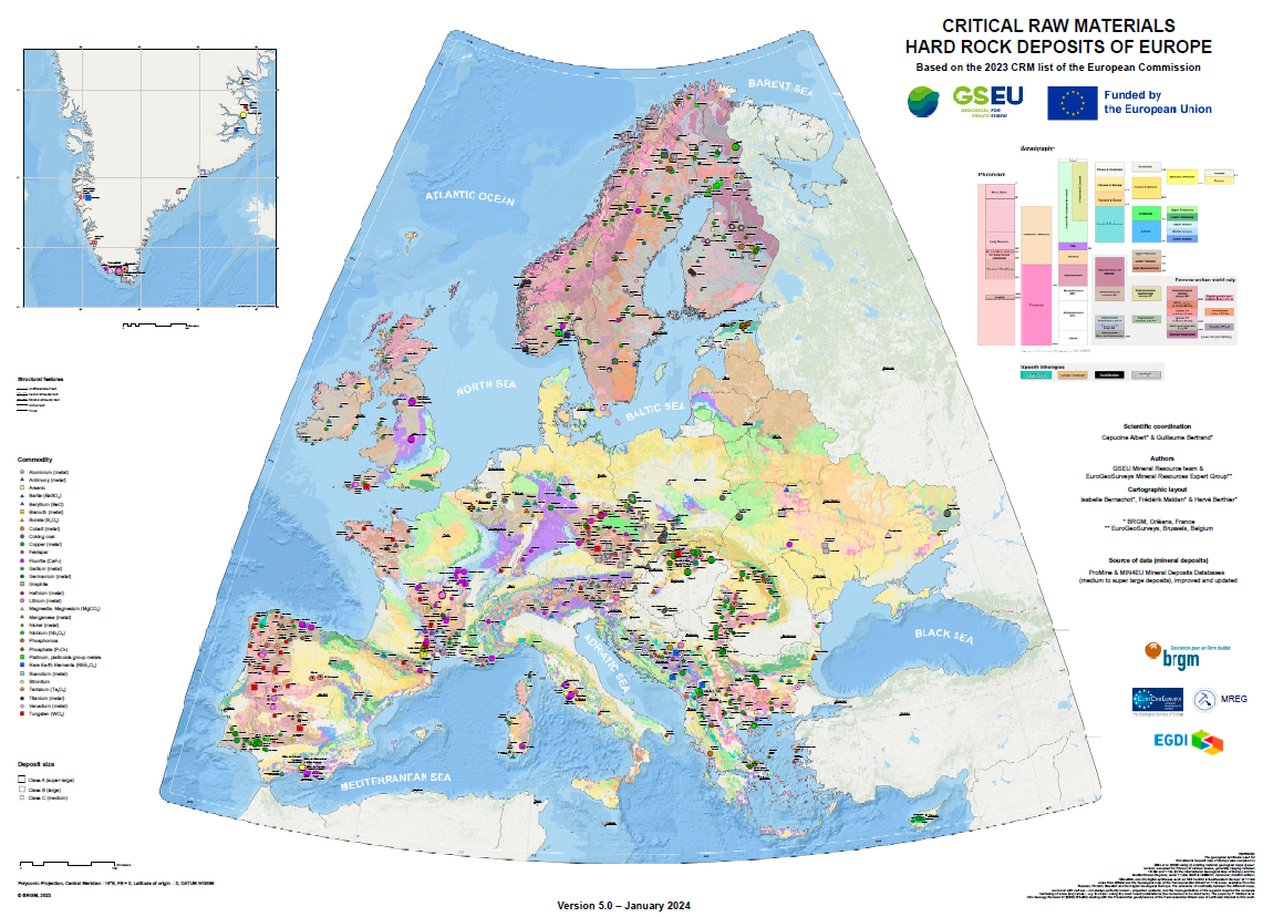 Karttakuva kriittisten raaka-aineiden esiitymistä Euroopan maa-alueilla 