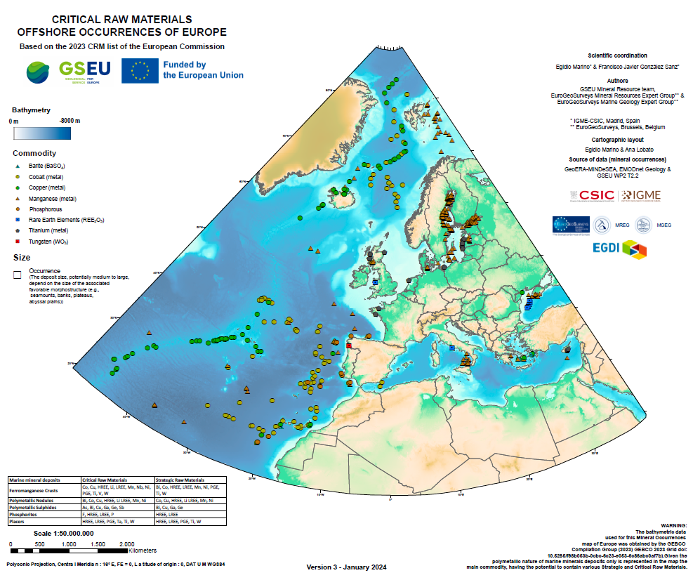 Karttakuva, johon on merkattu kriittisten raaka-aineiden esiintymät Euroopan merialueilla