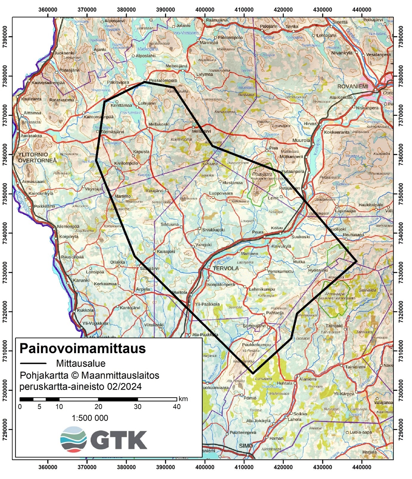 REPower-projektin painovoimamittauksen alue kartalla