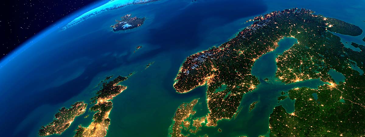 Planet Earth with detailed exaggerated relief at night lit by the lights of cities. Europe. Scandinavia. 3D rendering. Elements of this image furnished by NASA